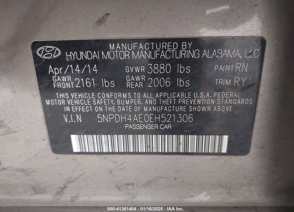 2014 HYUNDAI ELANTRA VIN: 5NPDH4AE0EH521306