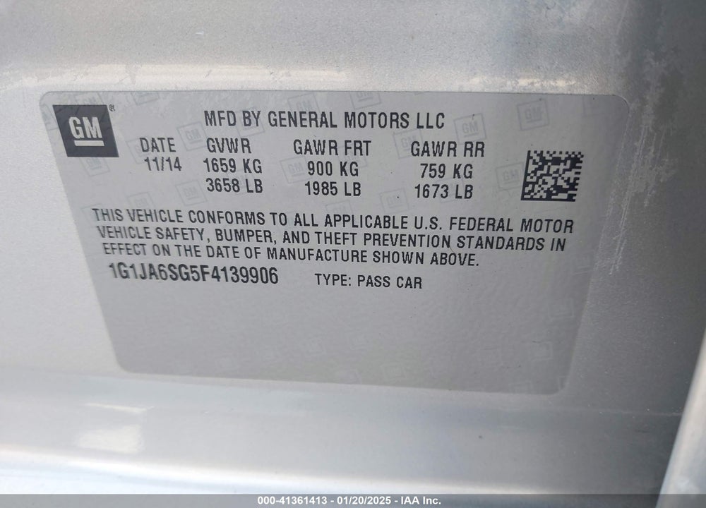 2015 CHEVROLET SONIC VIN: 1G1JA6SG5F4139906