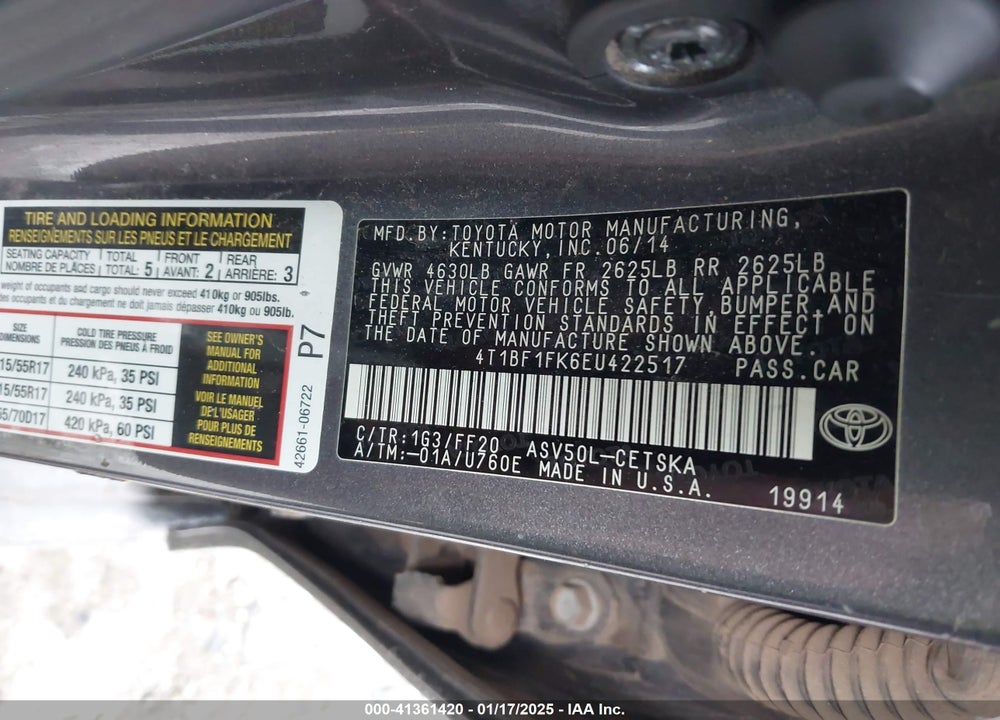 2014 TOYOTA CAMRY VIN: 4T1BF1FK6EU422517