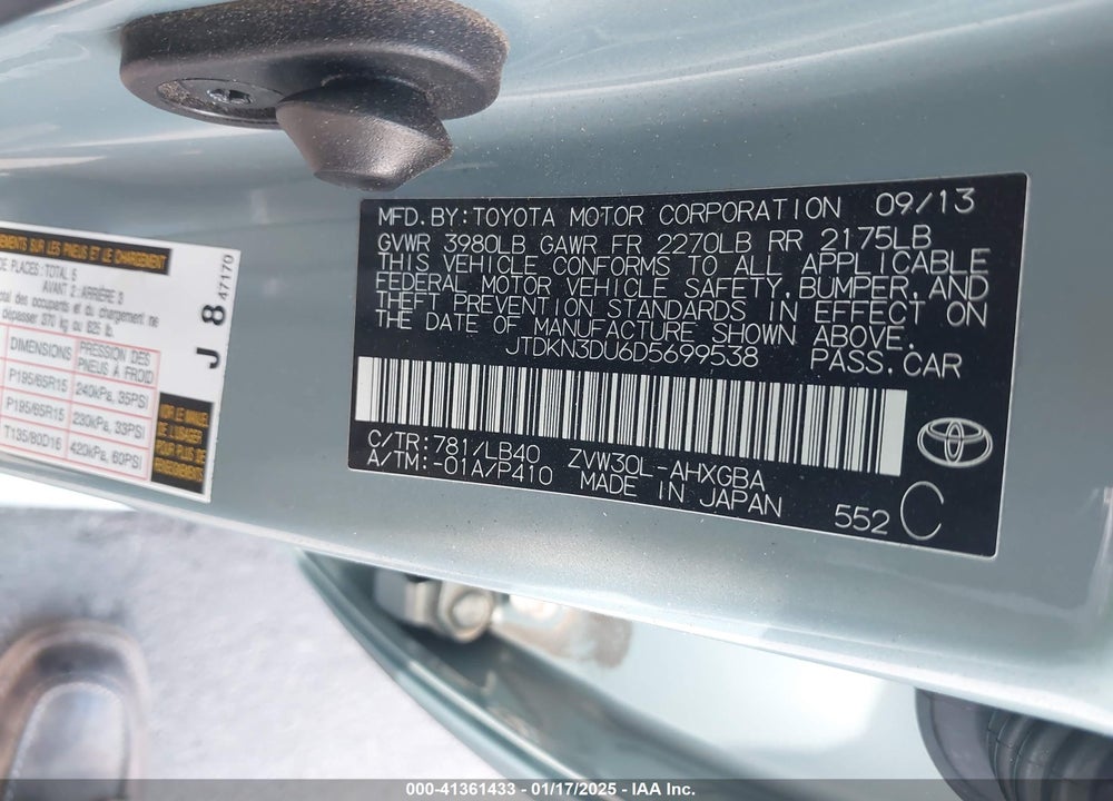 2013 TOYOTA PRIUS VIN: JTDKN3DU6D5699538