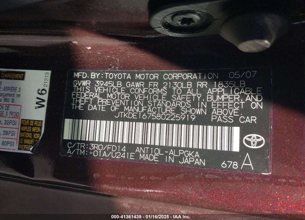 2008 SCION TC VIN: JTKDE167580225919