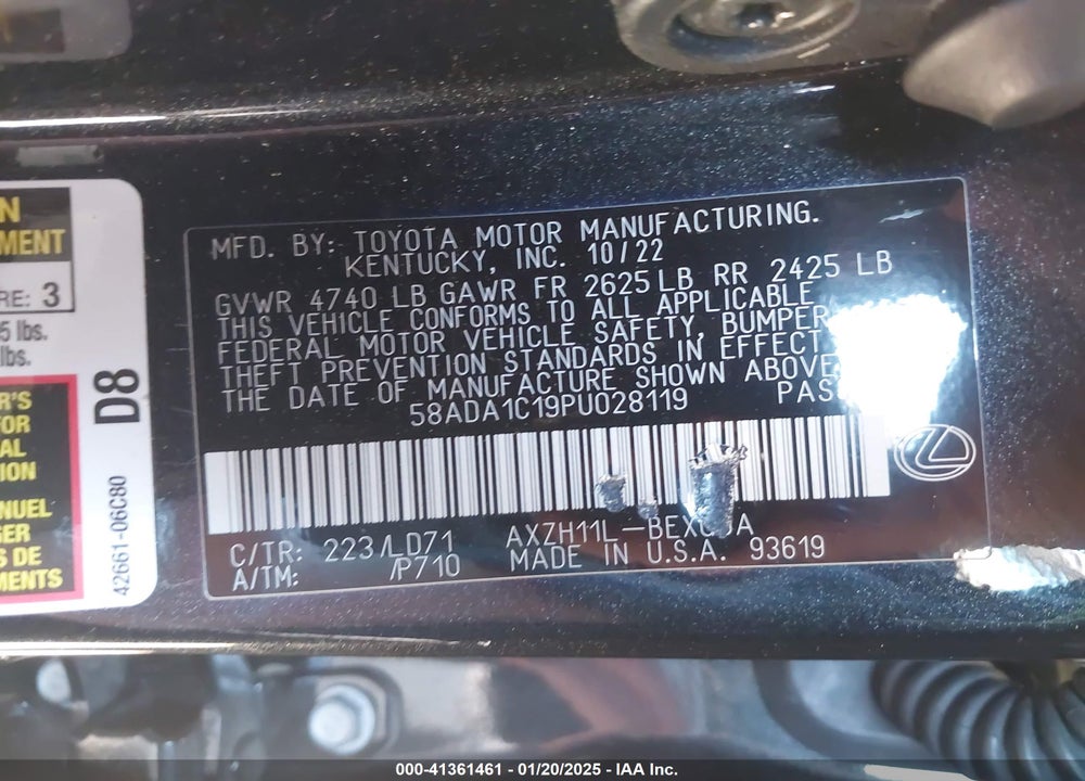 2023 LEXUS ES 300H VIN: 58ADA1C19PU028119