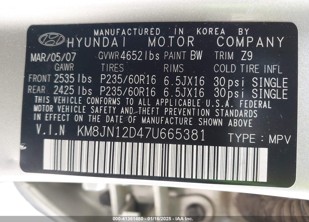 2007 HYUNDAI TUCSON LIMITED/SE VIN: KM8JN12D47U665381