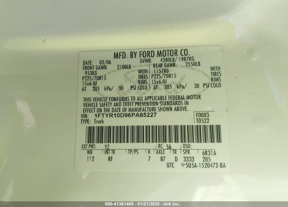 2006 FORD RANGER XL/XLT VIN: 1FTYR10D96PA85227