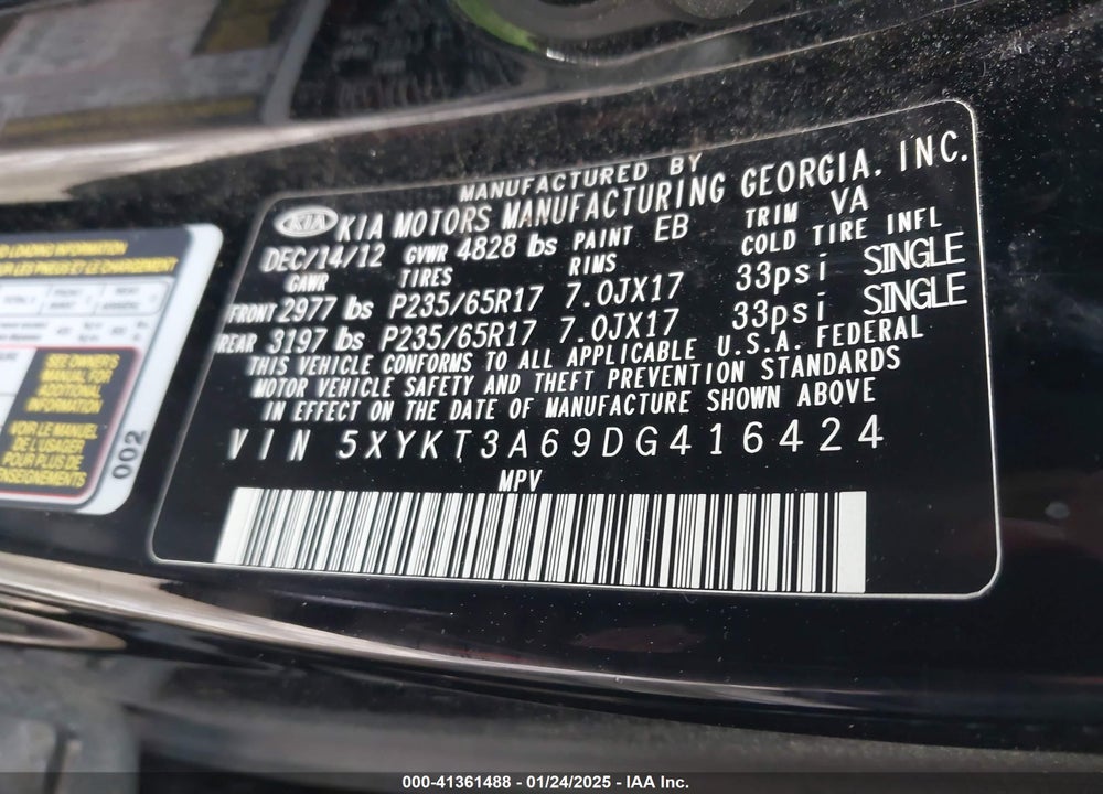 2013 KIA SORENTO LX VIN: 5XYKT3A69DG416424
