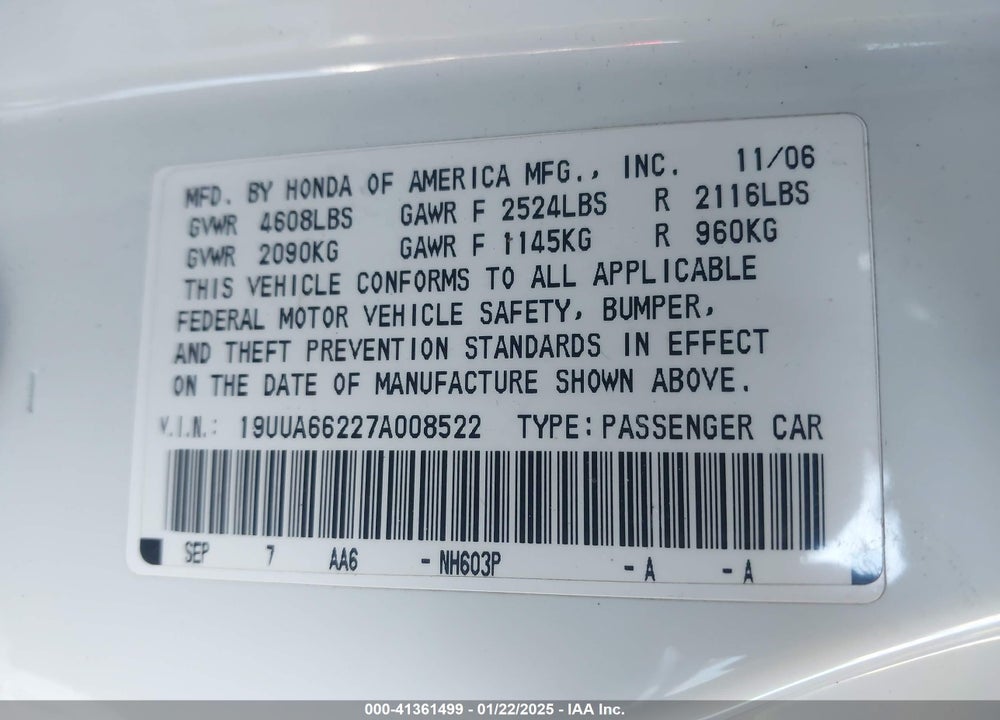 2007 ACURA TL 3.2 VIN: 19UUA66227A008522