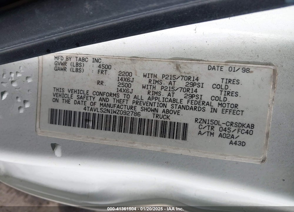 1998 TOYOTA TACOMA VIN: 4TAVL52N1WZ092786