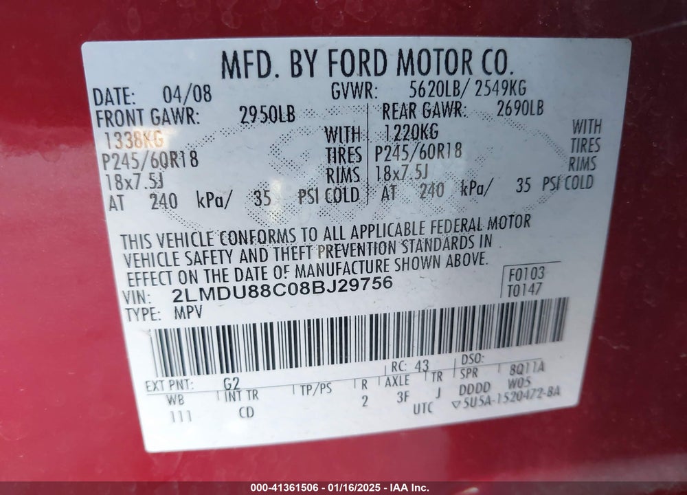 2008 LINCOLN MKX VIN: 2LMDU88C08BJ29756