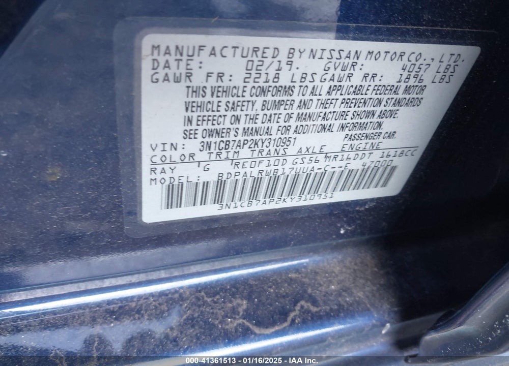 2019 NISSAN SENTRA VIN: 3N1CB7AP2KY310951