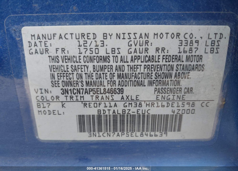 2014 NISSAN VERSA 1.6 SV VIN: 3N1CN7AP5EL846639