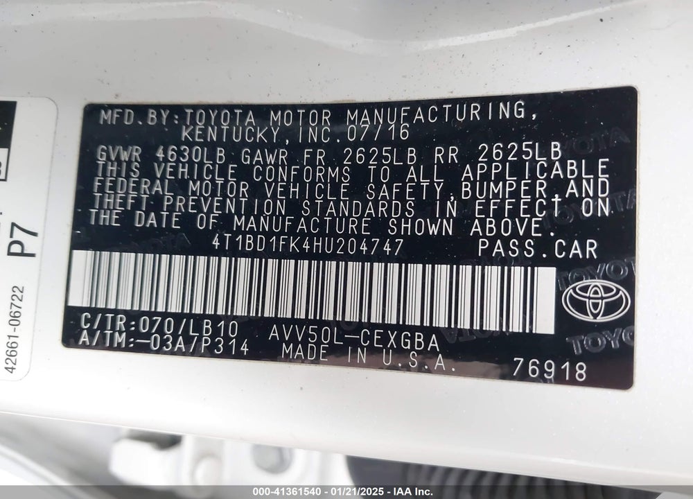 2017 TOYOTA CAMRY HYBRID XLE VIN: 4T1BD1FK4HU204747