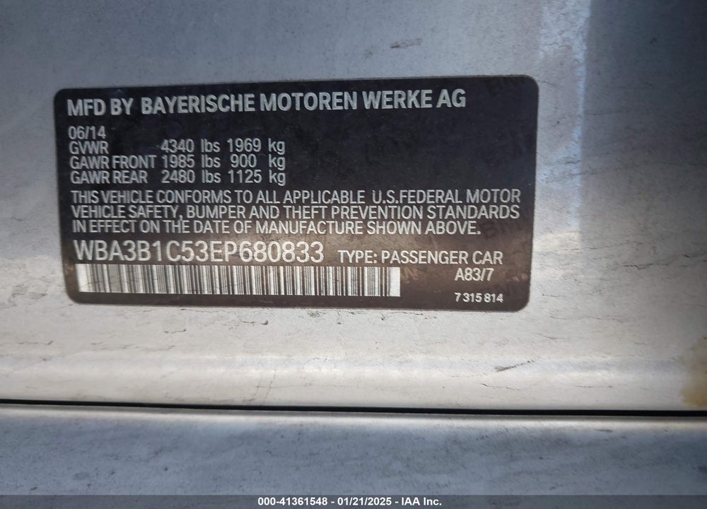 2014 BMW 320I VIN: WBA3B1C53EP680833