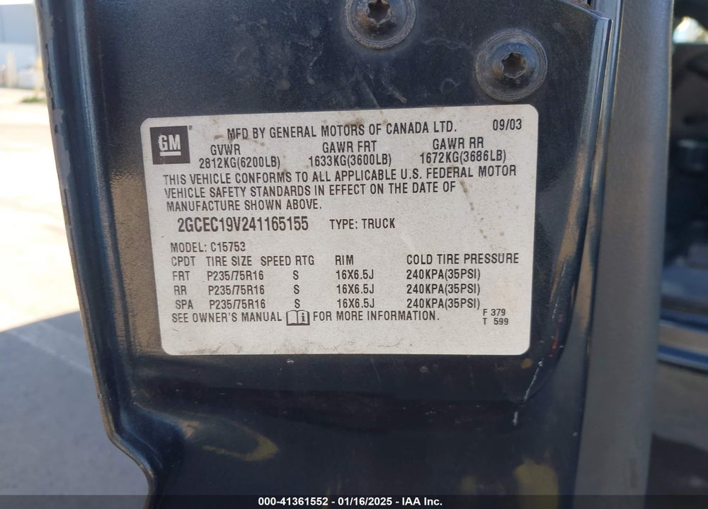 2004 CHEVROLET SILVERADO 1500 WORK TRUCK VIN: 2GCEC19V241165155