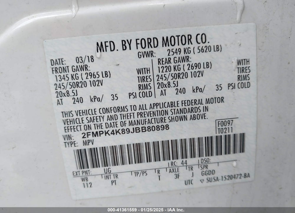 2018 FORD EDGE VIN: 2FMPK4K89JBB80898