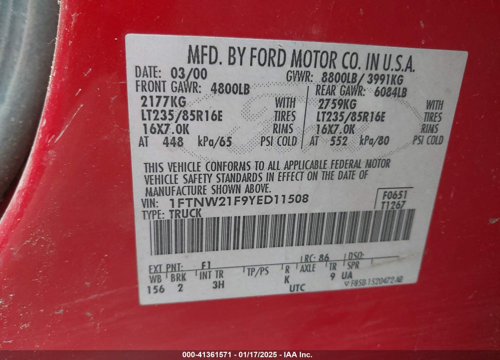 2000 FORD F-250 LARIAT/XL/XLT VIN: 1FTNW21F9YED11508