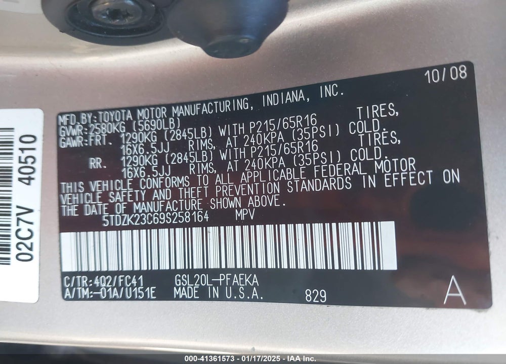 2009 TOYOTA SIENNA LE VIN: 5TDZK23C69S258164