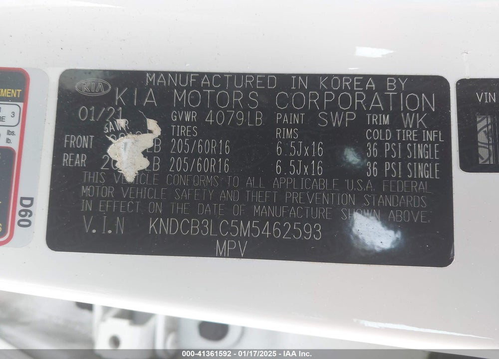 2021 KIA NIRO LX VIN: KNDCB3LC5M5462593