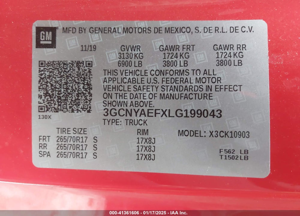2020 CHEVROLET SILVERADO VIN: 3GCNYAEFXLG199043