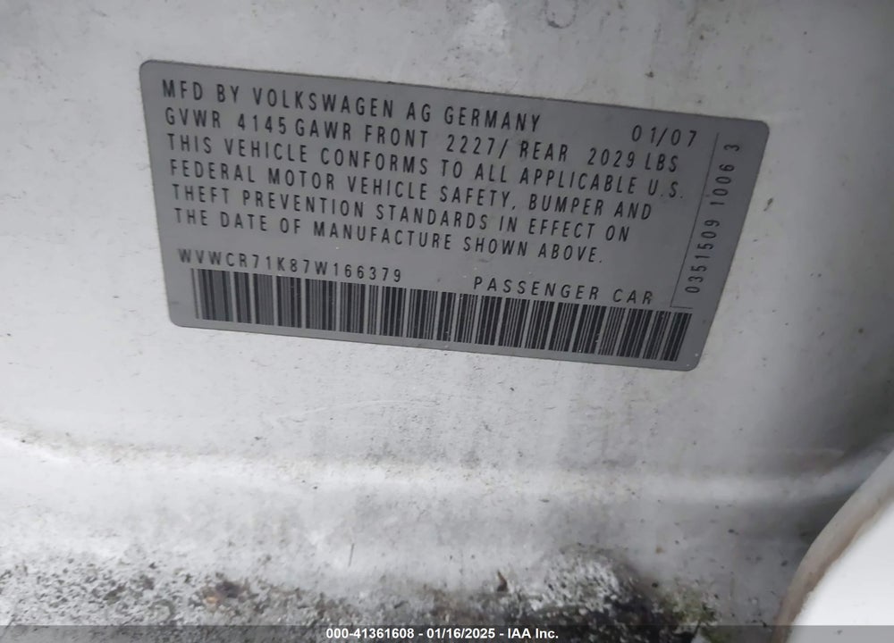 2007 VOLKSWAGEN RABBIT VIN: WVWCR71K87W166379