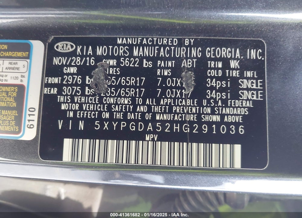 2017 KIA SORENTO 3.3L LX VIN: 5XYPGDA52HG291036