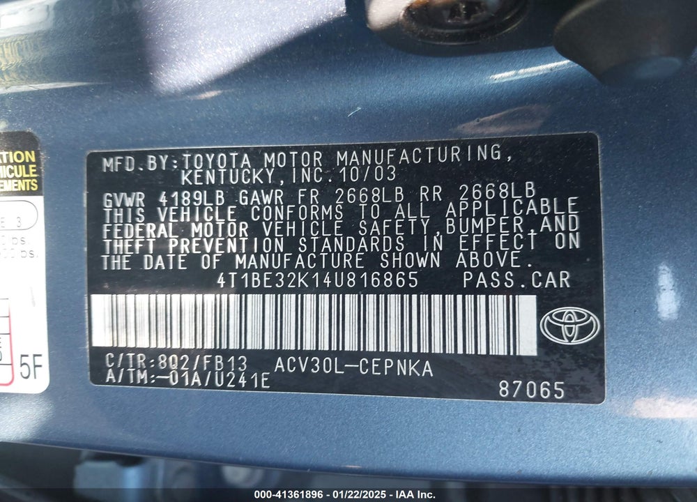 2004 TOYOTA CAMRY LE VIN: 4T1BE32K14U816865