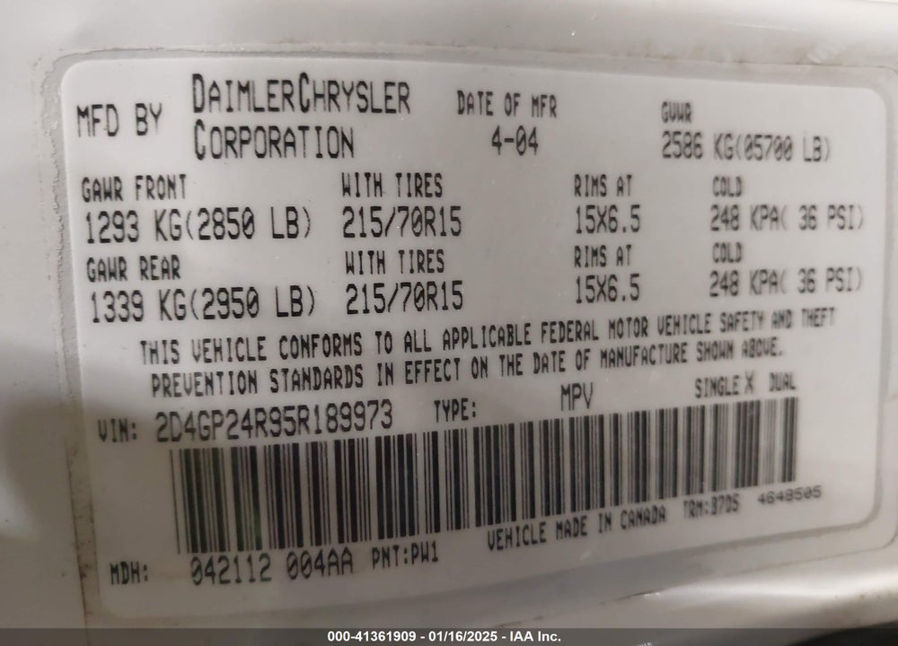 2005 DODGE GRAND CARAVAN SE VIN: 2D4GP24R95R189973