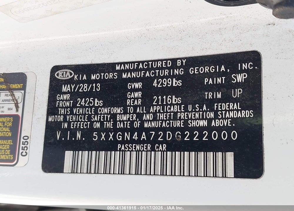 2013 KIA OPTIMA VIN: 5XXGN4A72DG222000