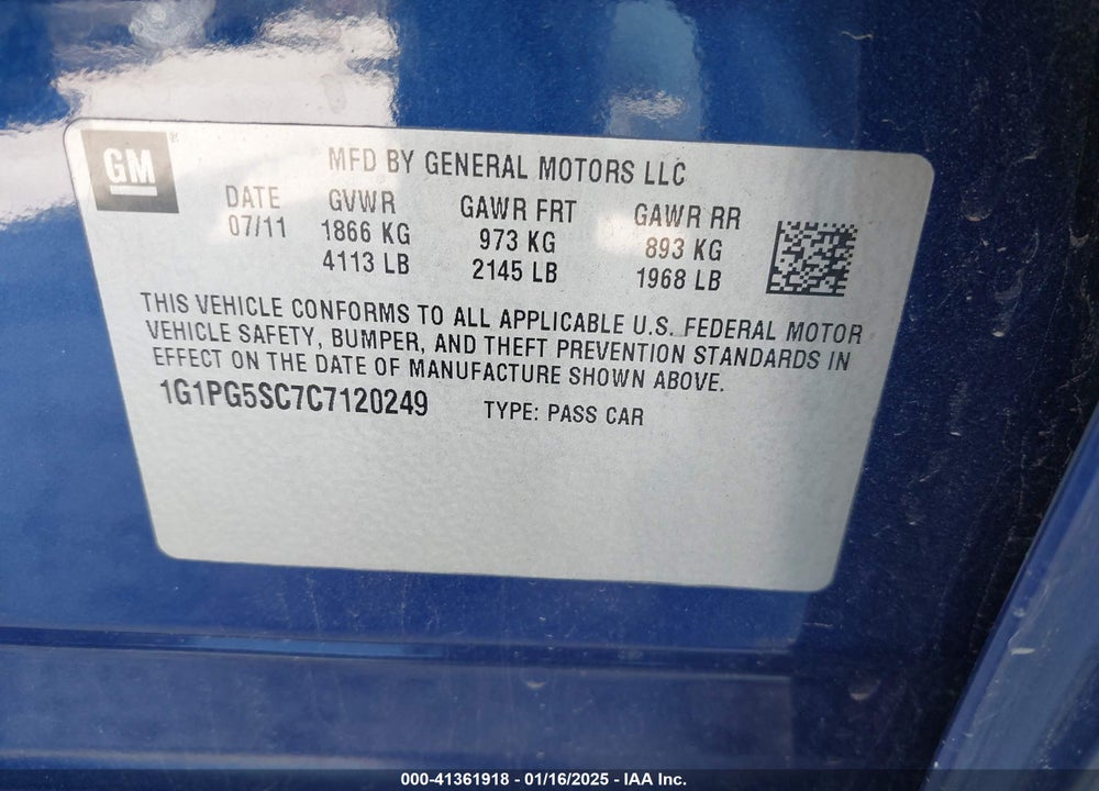 2012 CHEVROLET CRUZE 2LT VIN: 1G1PG5SC7C7120249