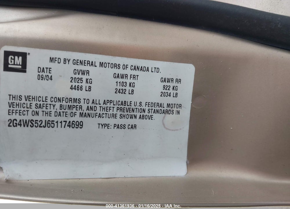 2005 BUICK CENTURY VIN: 2G4WS52J651174699