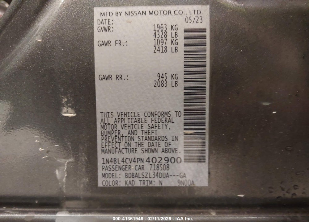 2023 NISSAN ALTIMA VIN: 1N4BL4CV4PN402900