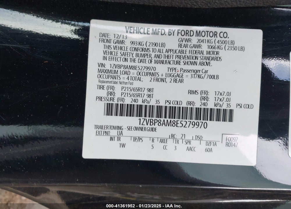 2014 FORD MUSTANG V6 VIN: 1ZVBP8AM8E5279970