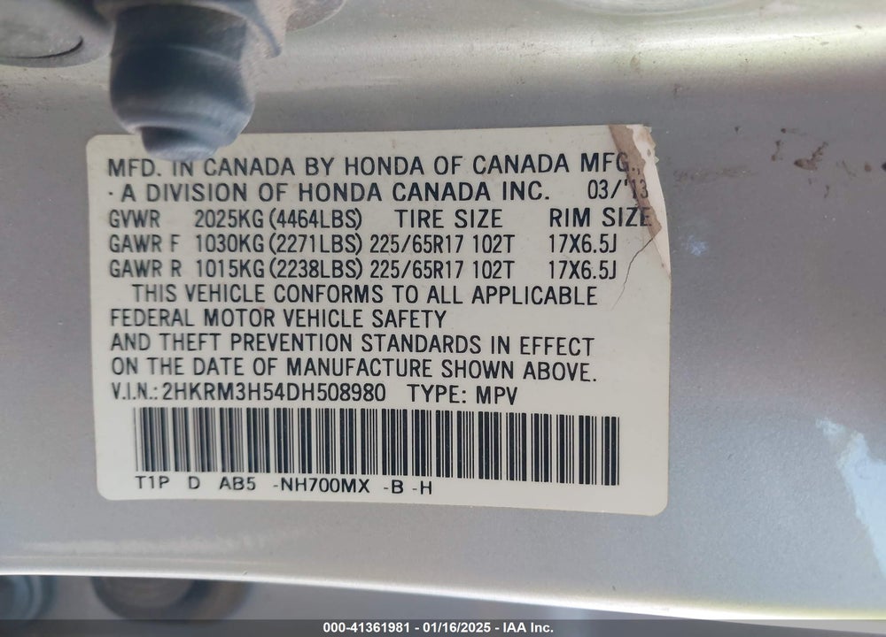 2013 HONDA CR-V EX VIN: 2HKRM3H54DH508980