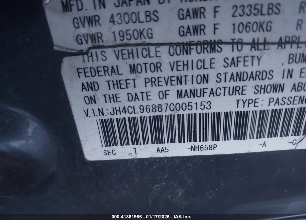 2007 ACURA TSX VIN: JH4CL96887C005153