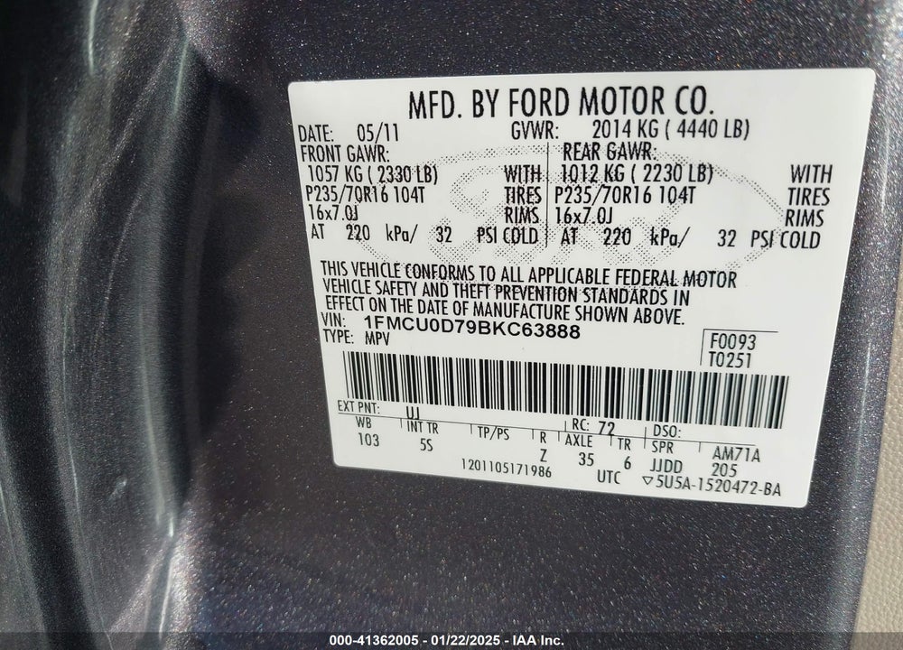 2011 FORD ESCAPE XLT VIN: 1FMCU0D79BKC63888