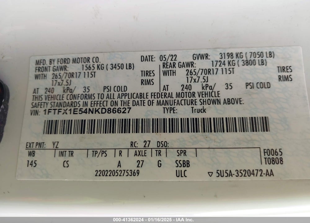 2022 FORD F-150 VIN: 1FTFX1E54NKD86627