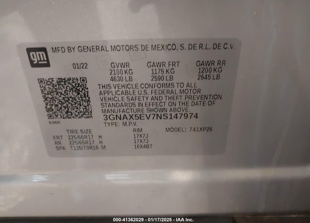 2022 CHEVROLET EQUINOX AWD 1FL VIN: 3GNAX5EV7NS147974