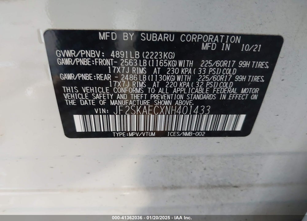2022 SUBARU FORESTER PREMIUM VIN: JF2SKAECXNH401433