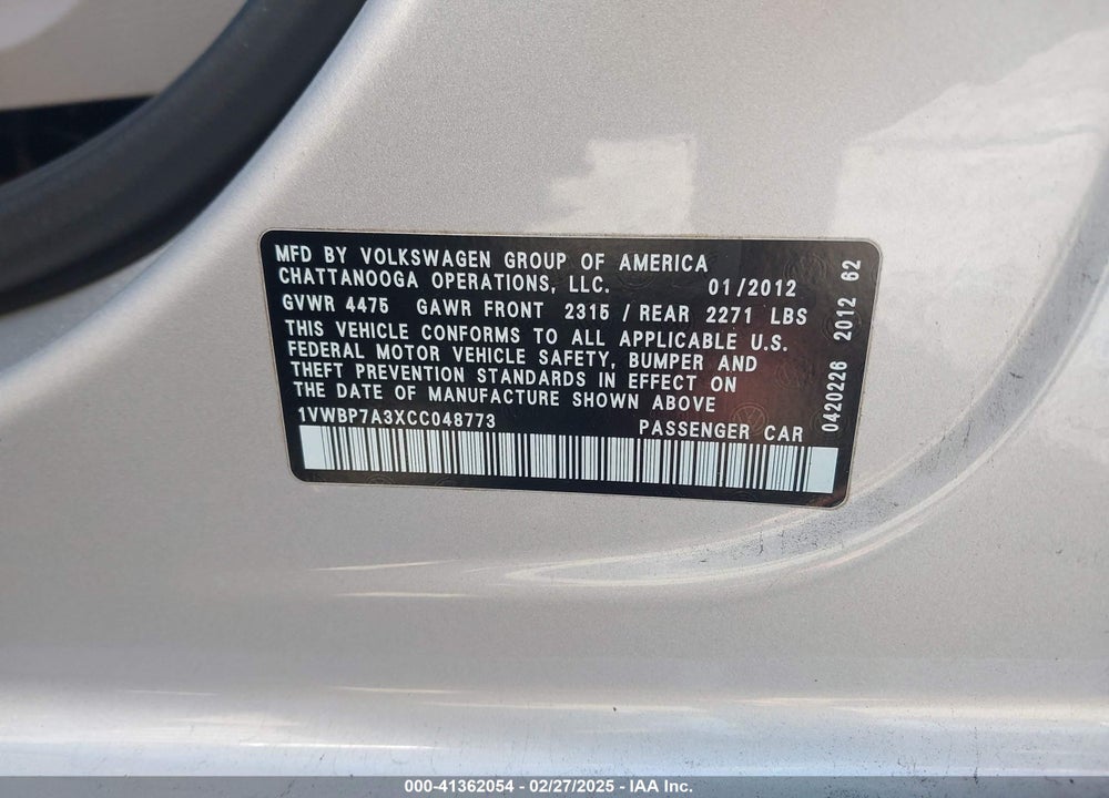 2012 VOLKSWAGEN PASSAT VIN: 1VWBP7A3XCC048773