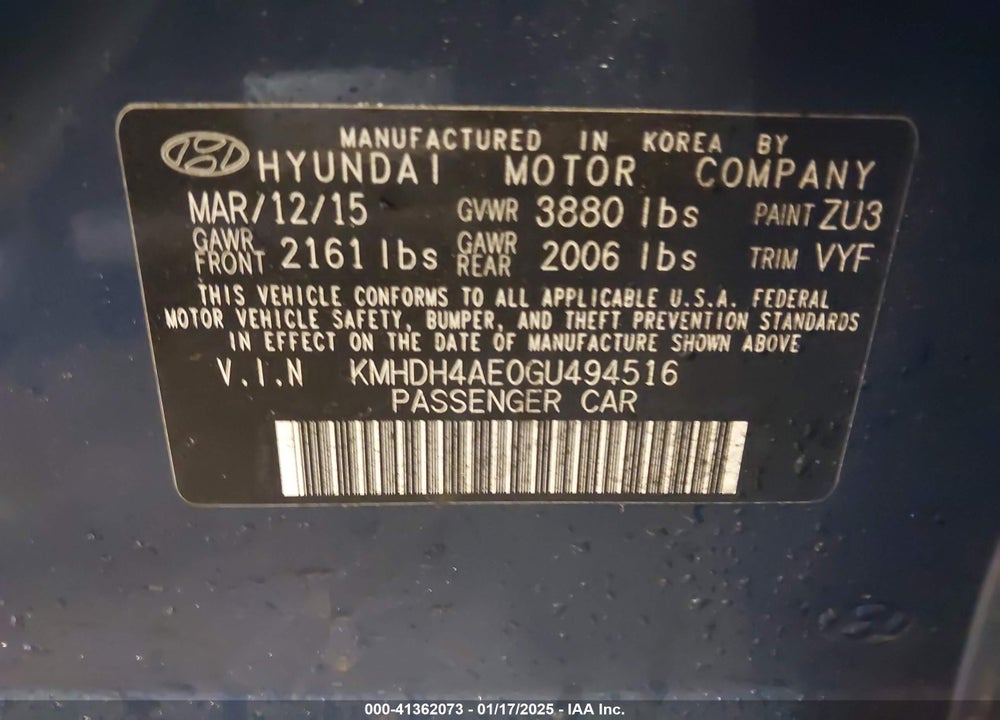 2016 HYUNDAI ELANTRA VALUE EDITION VIN: KMHDH4AE0GU494516