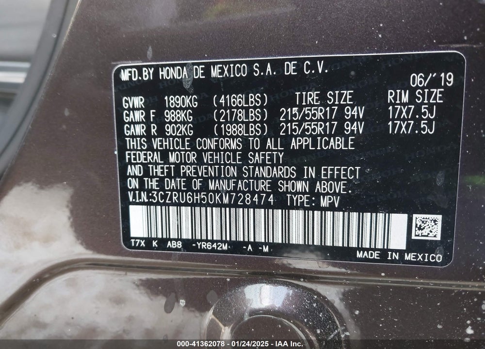 2019 HONDA HR-V EX VIN: 3CZRU6H50KM728474