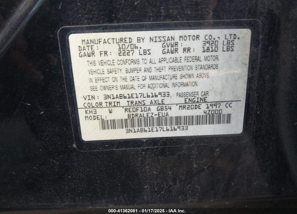 2007 NISSAN SENTRA 2.0S VIN: 3N1AB61E17L616933