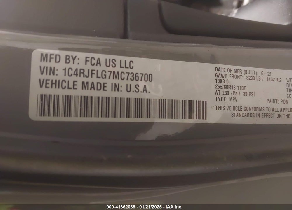 2021 JEEP GRAND CHEROKEE TRAILHAWK 4X4 VIN: 1C4RJFLG7MC736700