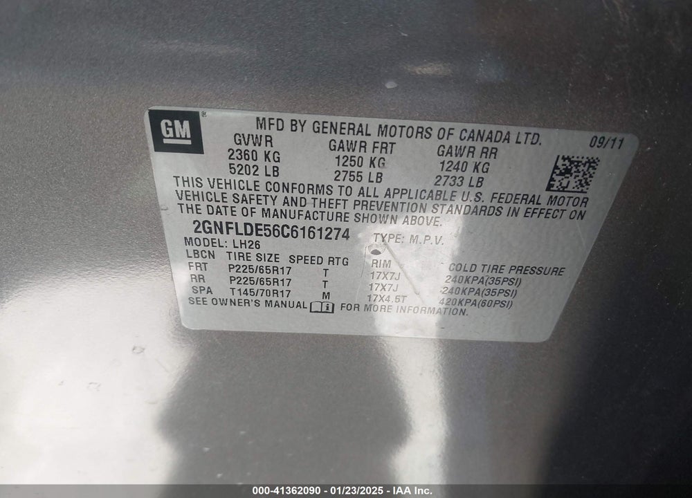 2012 CHEVROLET EQUINOX 1LT VIN: 2GNFLDE56C6161274
