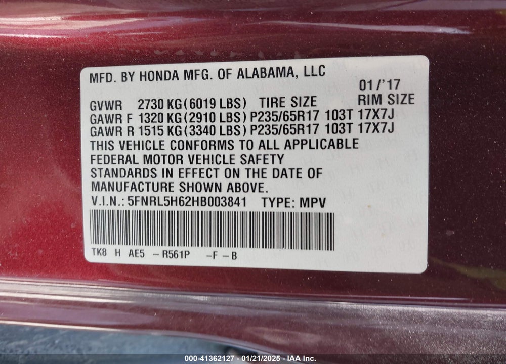 2017 HONDA ODYSSEY EX-L VIN: 5FNRL5H62HB003841