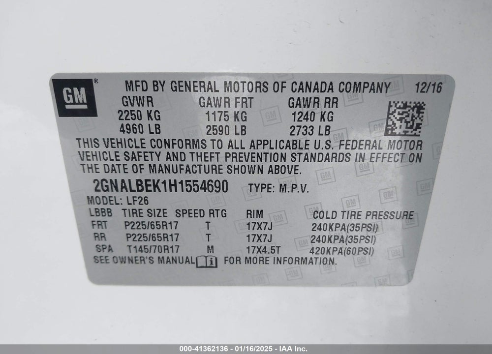 2017 CHEVROLET EQUINOX LS VIN: 2GNALBEK1H1554690