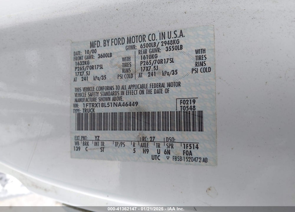 2001 FORD F-150 LARIAT/XL/XLT VIN: 1FTRX18L51NA46449