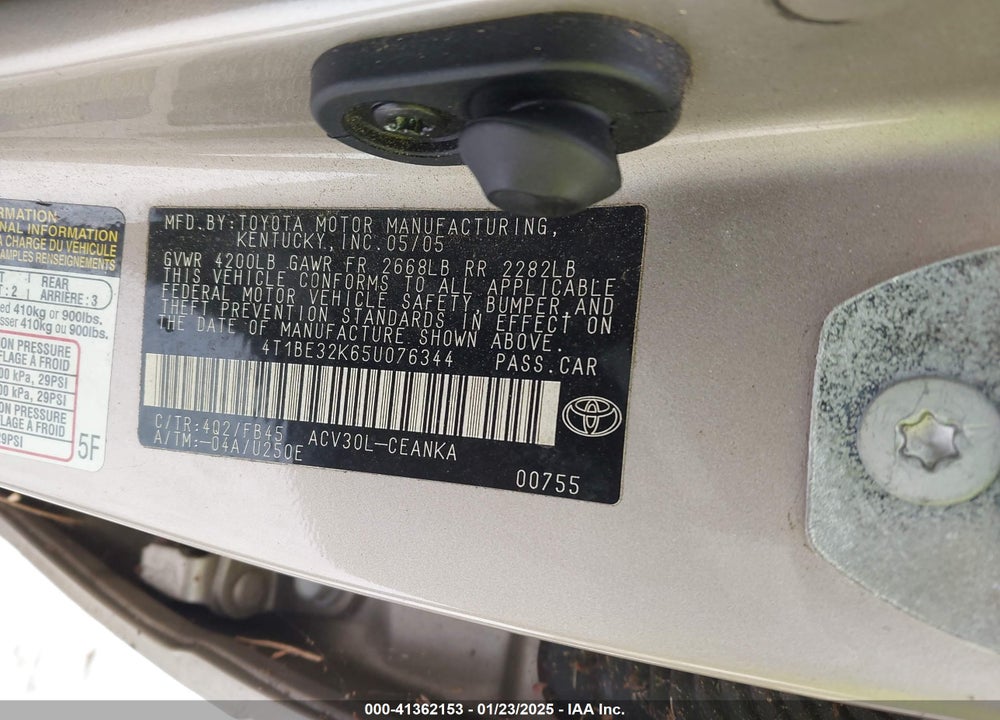 2005 TOYOTA CAMRY LE VIN: 4T1BE32K65U076344