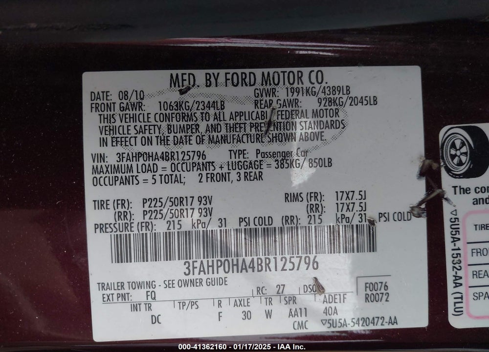2011 FORD FUSION VIN: 3FAHP0HA4BR125796