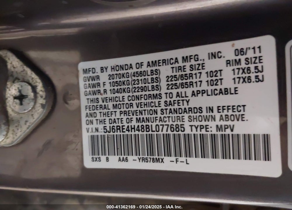 2011 HONDA CR-V VIN: 5J6RE4H48BL077685