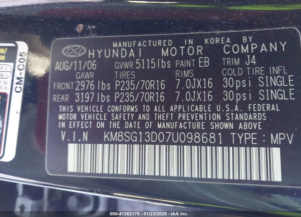 2007 HYUNDAI SANTA FE VIN: KM8SG13D07U098681